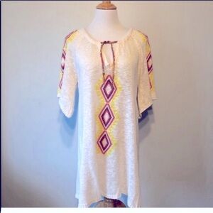 ETERNAL SUNSHINE Cream,Yellow,Red Tribal Linen Blend Boho Knit Dress Size Medium